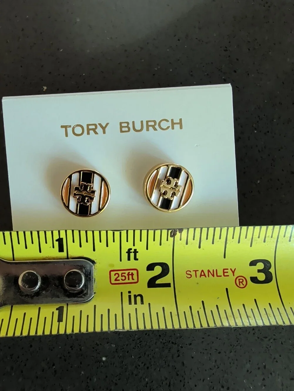 Tory Burch Black White & Gold Stud Earrings Pierced Logo NEW - W50